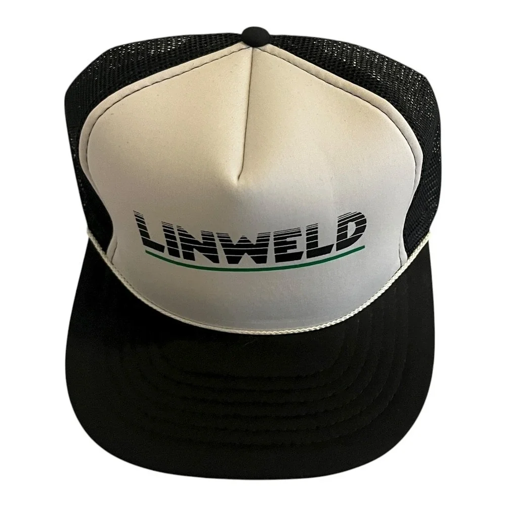 Vintage‎ Linweld Foam Trucker Hat Black White Mesh Snapback Cap Made in USA